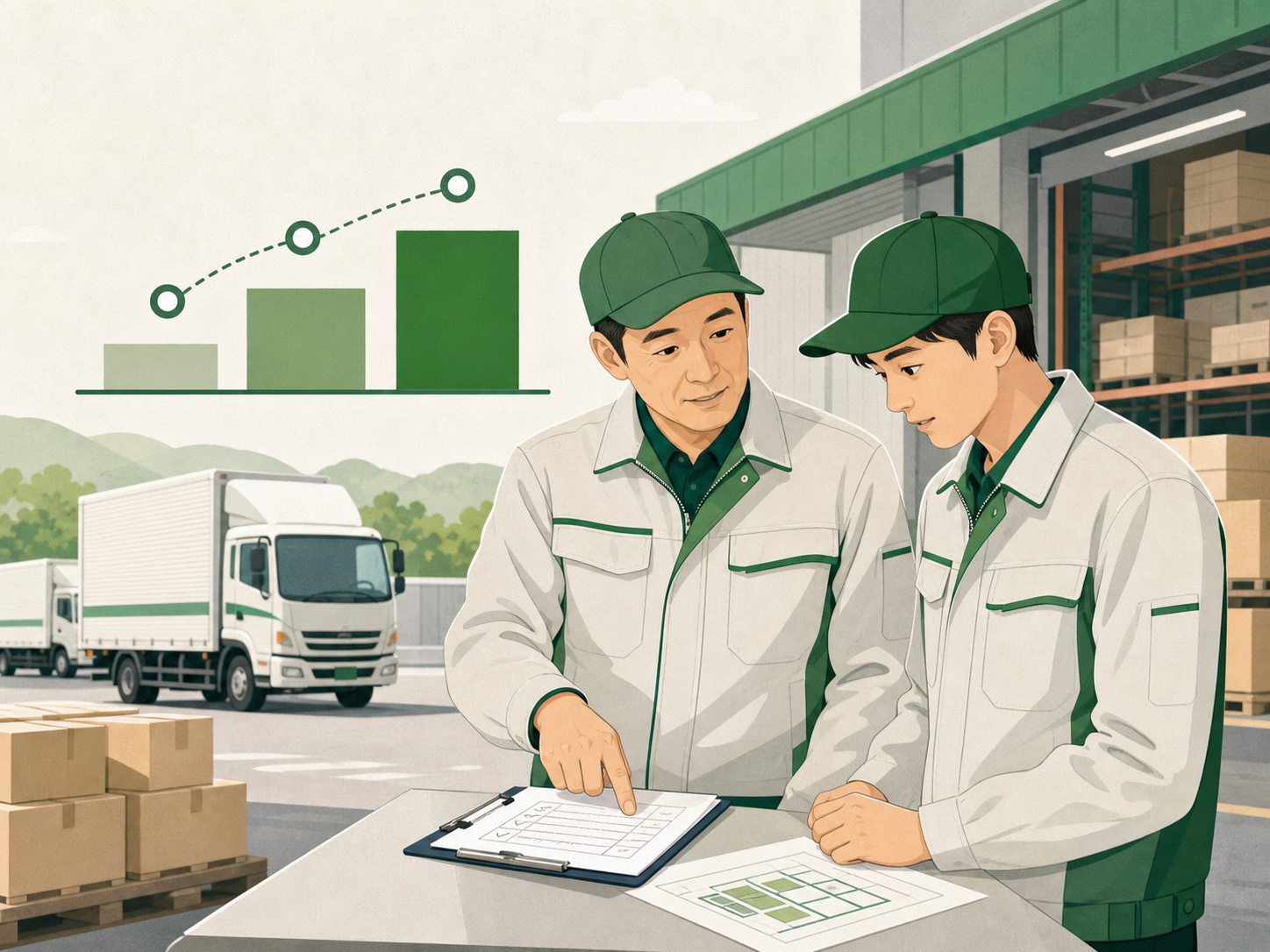 フクコー運輸 先輩社員による研修サポートのイラスト